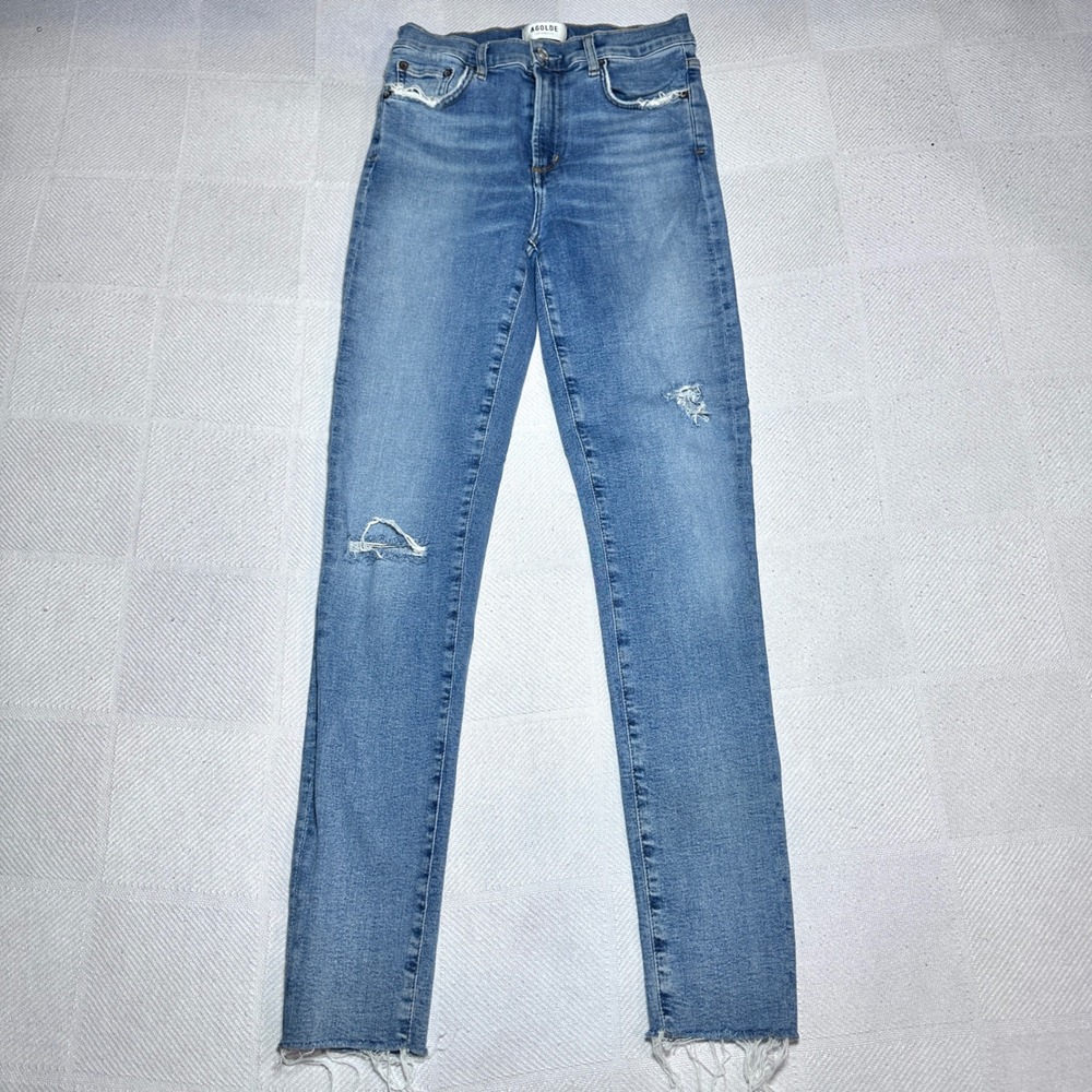 AGOLDE Sophie Skinny Jeans Womens 27 Distressed High Rise Raw Hem Blue Denim